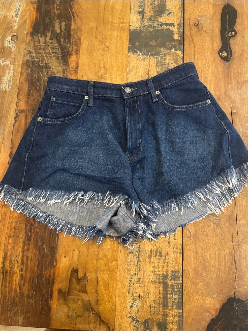 Free People- Women’s Dark Blue Denim Frayed Hem Shorts